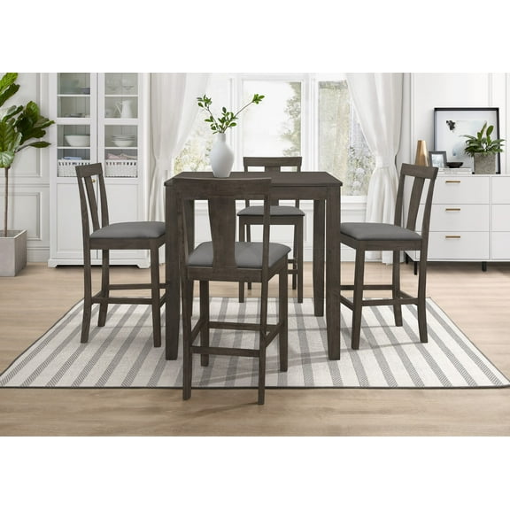 Home Design Nolan 5-Piece Counter Set, Taupe/Gray, Square Table with Slat-Back Cushioned Chairs, Modern Minimalist Style