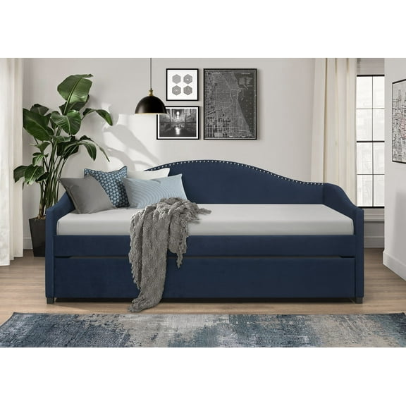 Home Design Nora Twin Daybed with Upholstered Frame, Camelback Backrest, Arched Arms, Nailhead Trim, and Pull-Out Trundle, Stylish Guest Bed, Blue