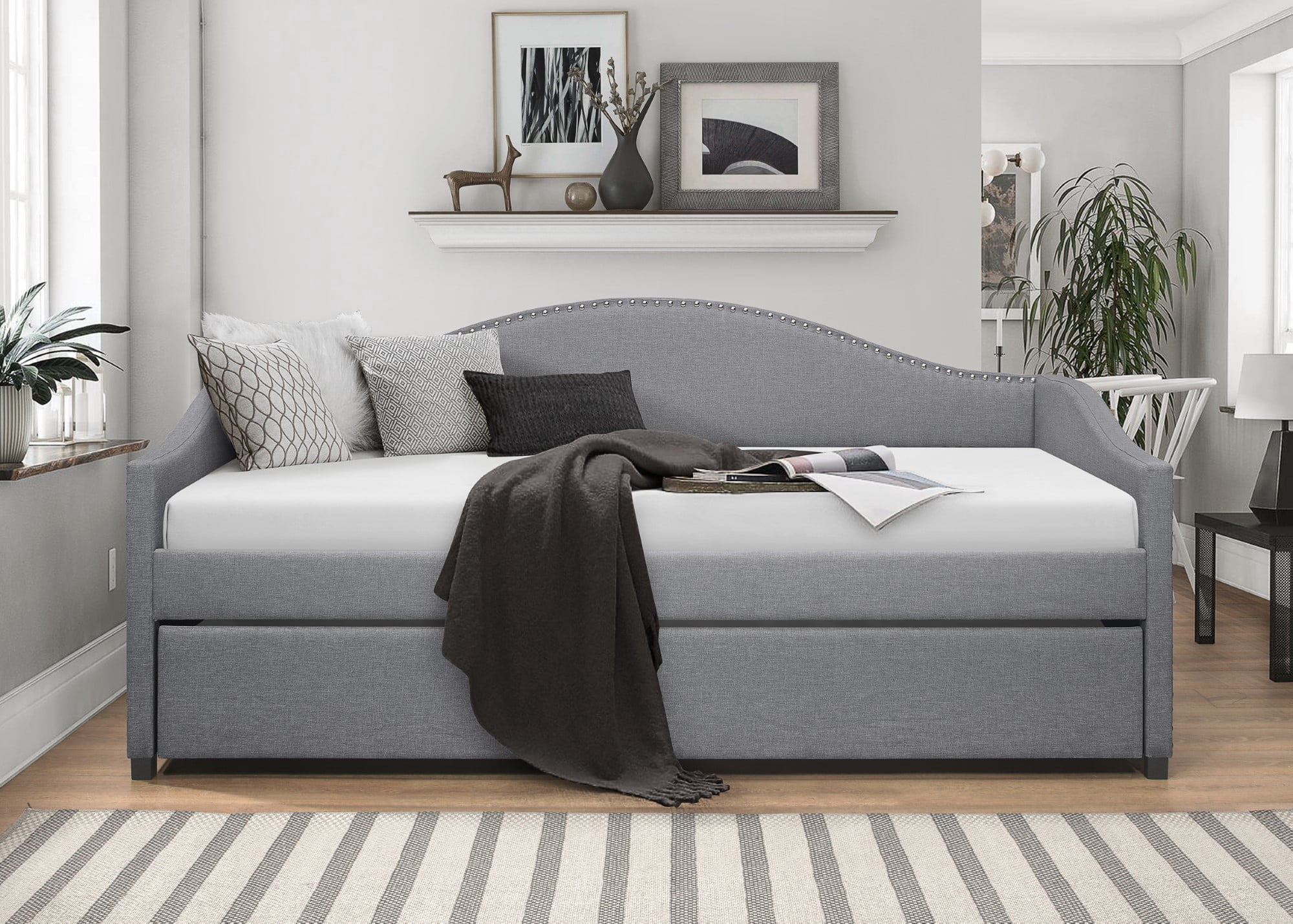 Home Design Nora Twin Daybed with Upholstered Frame, Camelback Backrest, Arched Arms, Nailhead Trim, and Pull-Out Trundle, Stylish Guest Bed, Light Gray