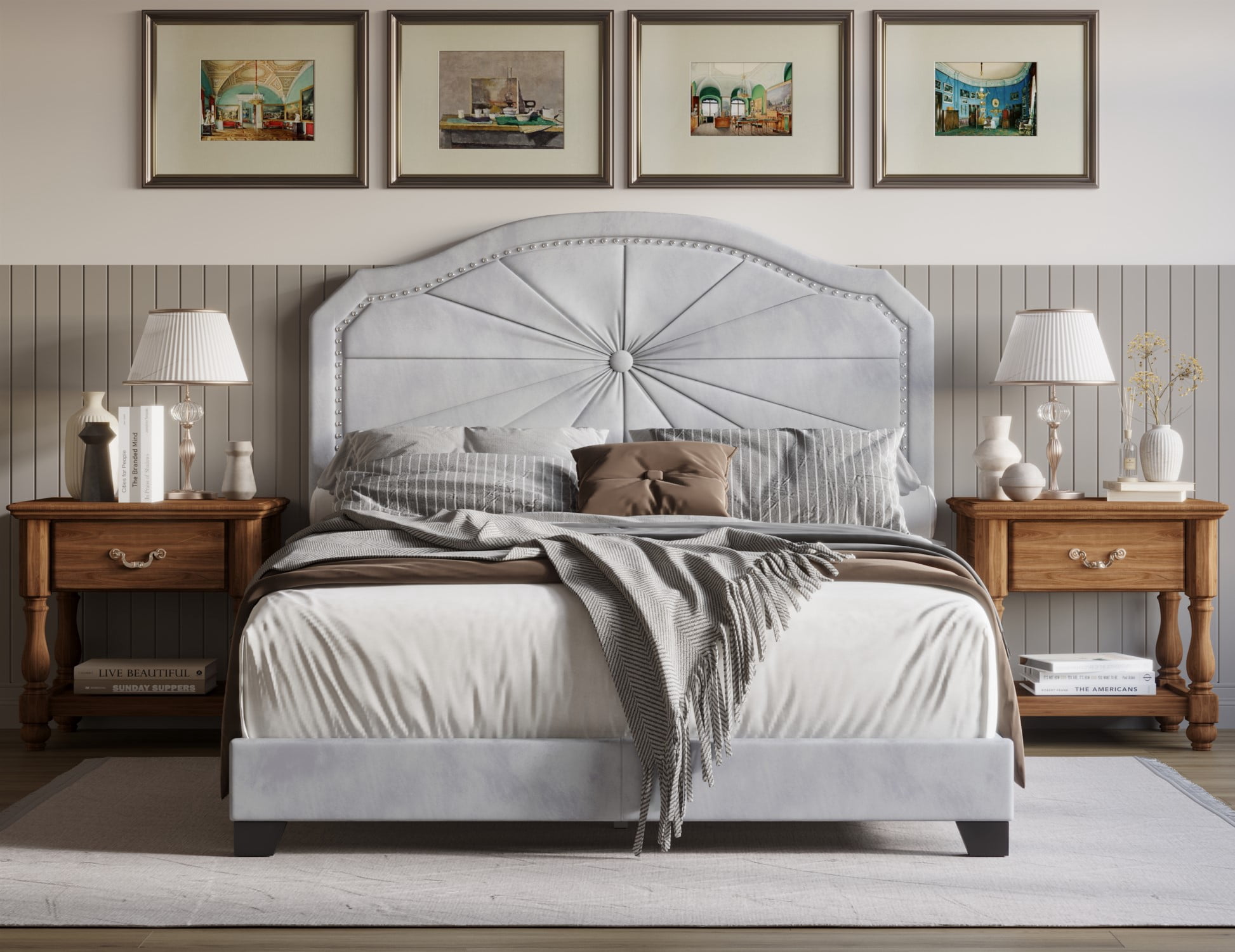 Home Design Norris Full Tufted Upholstered Panel Bed Frame with Button Tufting and Nailhead Trim, Silver Gray, Easy Assembly