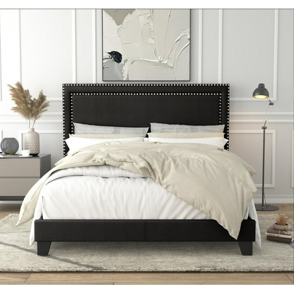 Home Design Ocala Full Upholstered Panel Bed Frame with Padded Headboard and Sturdy Support, Black, Easy Assembly