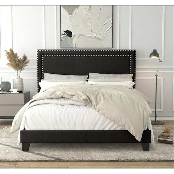 Home Design Ocala Full Upholstered Panel Bed Frame with Padded Headboard and Sturdy Support, Black, Easy Assembly