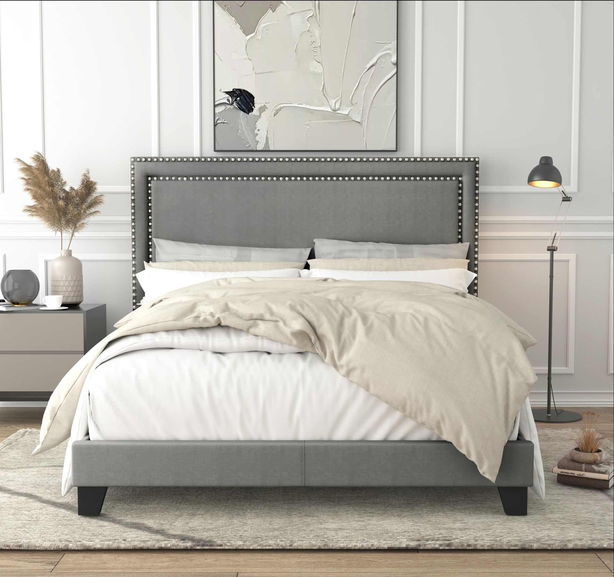 Home Design Ocala Full Upholstered Panel Bed Frame with Padded Headboard and Sturdy Support, Gray, Easy Assembly