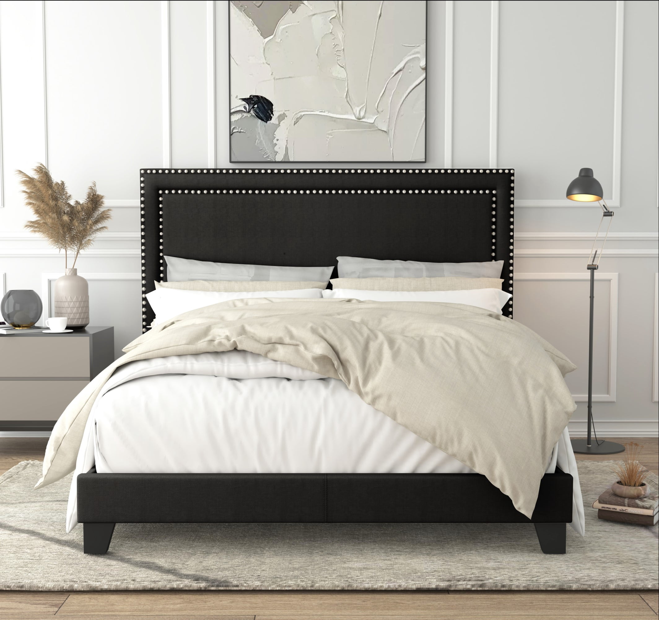 Home Design Ocala King Upholstered Panel Bed Frame with Padded Headboard and Sturdy Support, Black, Easy Assembly