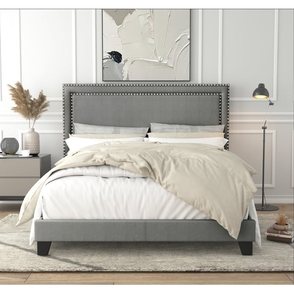 Home Design Ocala King Upholstered Panel Bed Frame with Padded Headboard and Sturdy Support, Gray, Easy Assembly