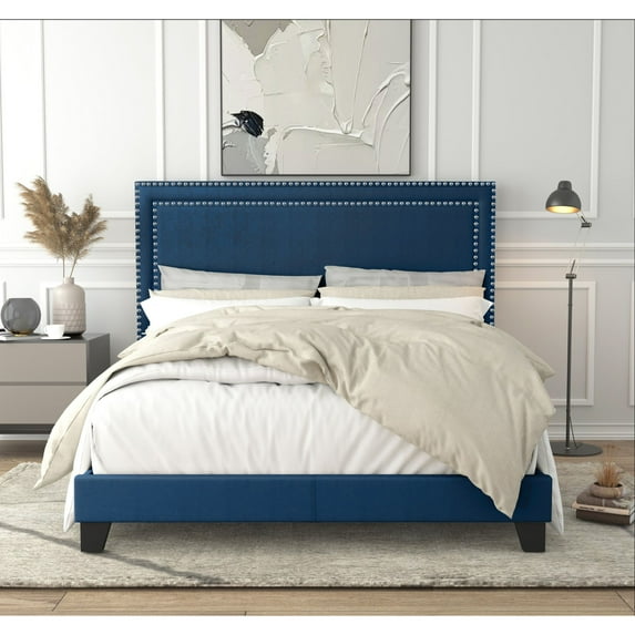 Home Design Ocala Queen Upholstered Panel Bed Frame with Padded Headboard and Sturdy Support, Denim Blue, Easy Assembly