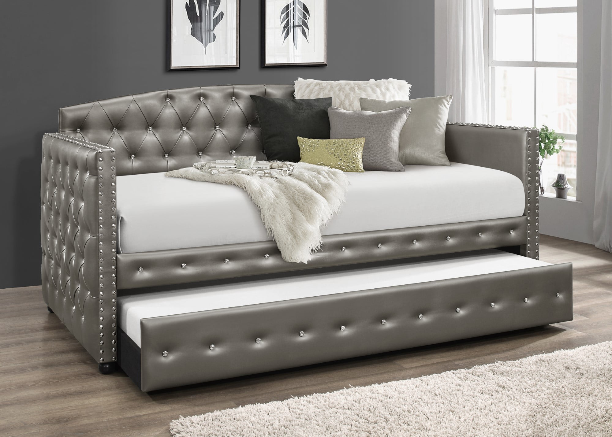 Home Design Ocean Twin Daybed with Pull-Out Trundle, Silver Faux Leather Upholstery, Diamond Button Tufting, Nailhead Trim, Elegant Modern Design