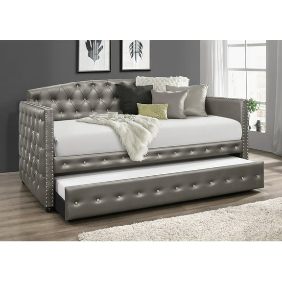Home Design Ocean Twin Daybed with Pull-Out Trundle, Silver Faux Leather Upholstery, Diamond Button Tufting, Nailhead Trim, Elegant Modern Design