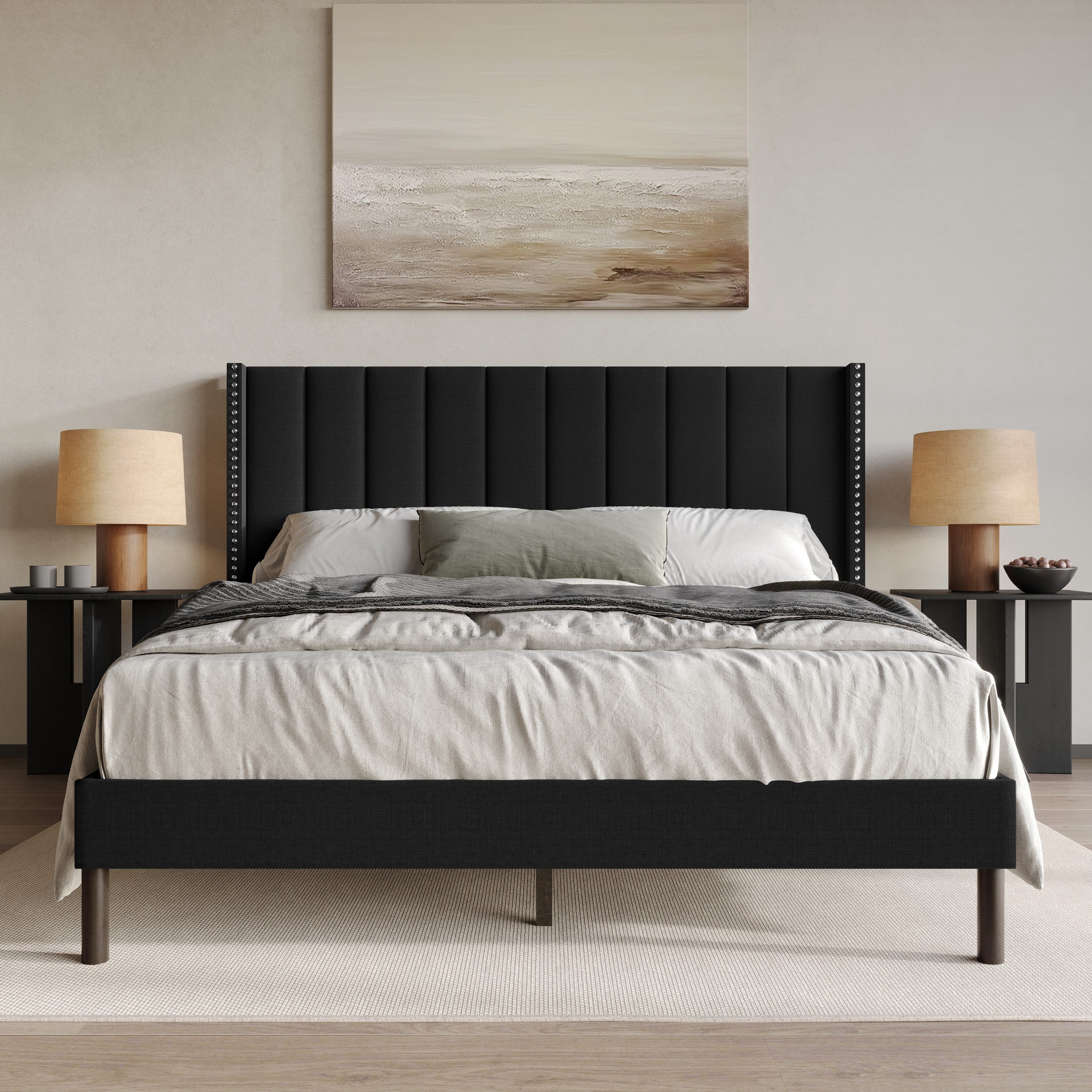 Home Design Odessa Full Linen Upholstered Wingback Panel Bed Frame with Vertical Channel Tufting & Nailhead Trim, Black, Easy Assembly