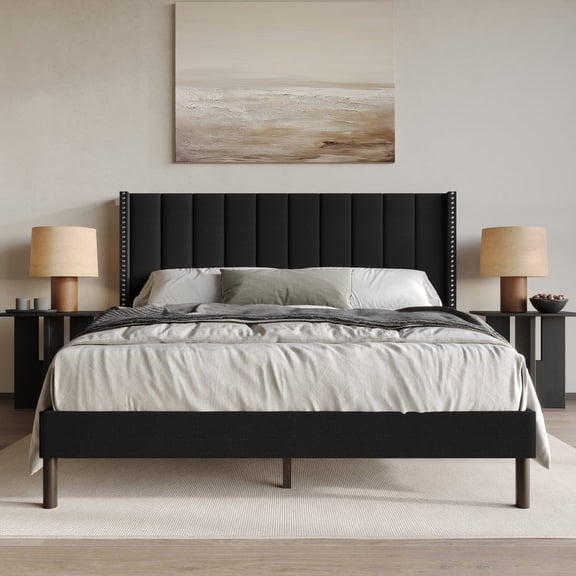 Home Design Odessa King Linen Upholstered Wingback Panel Bed Frame with Vertical Channel Tufting & Nailhead Trim, Black, Easy Assembly