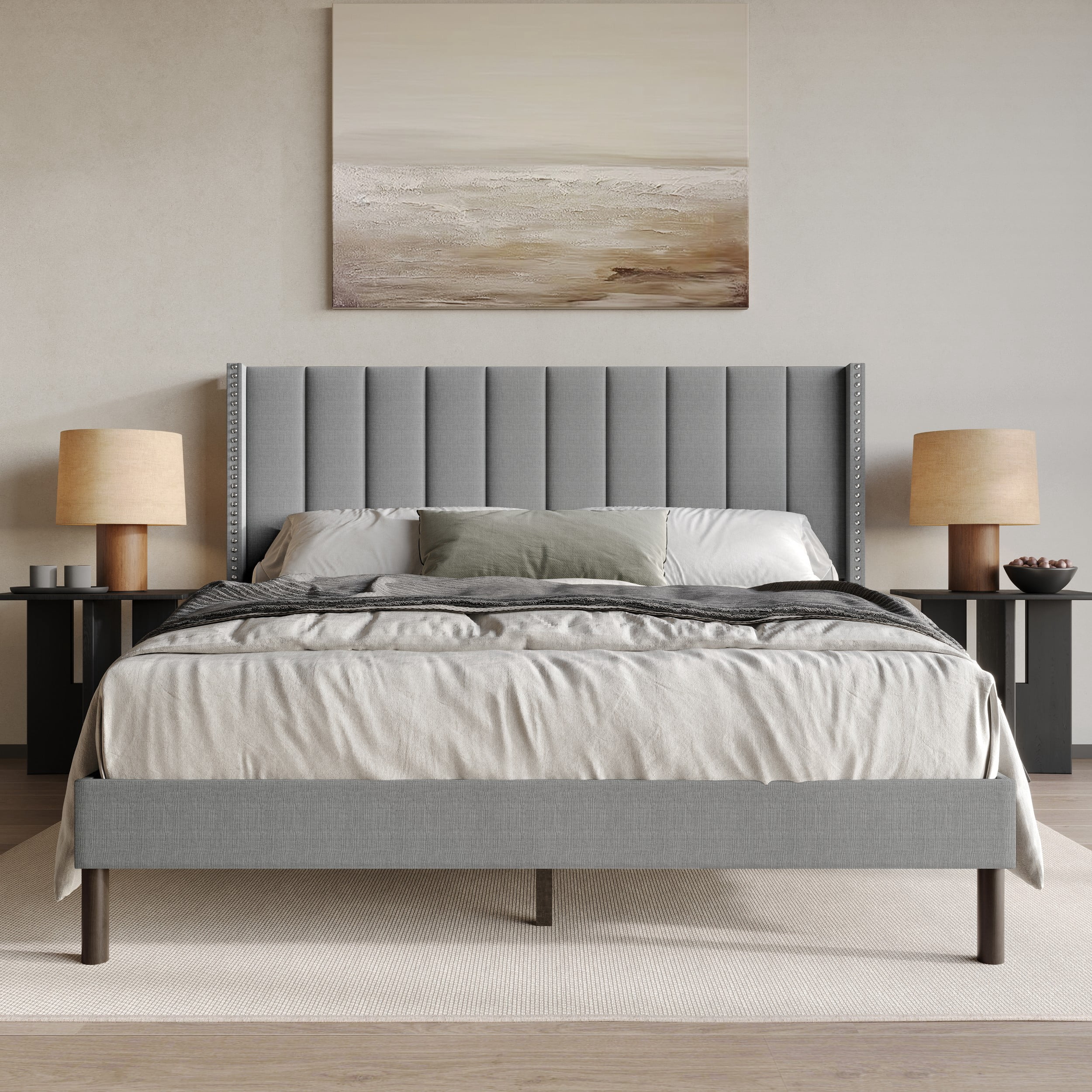 Home Design Odessa Queen Linen Upholstered Wingback Panel Bed Frame with Vertical Channel Tufting & Nailhead Trim, Gray, Easy Assembly