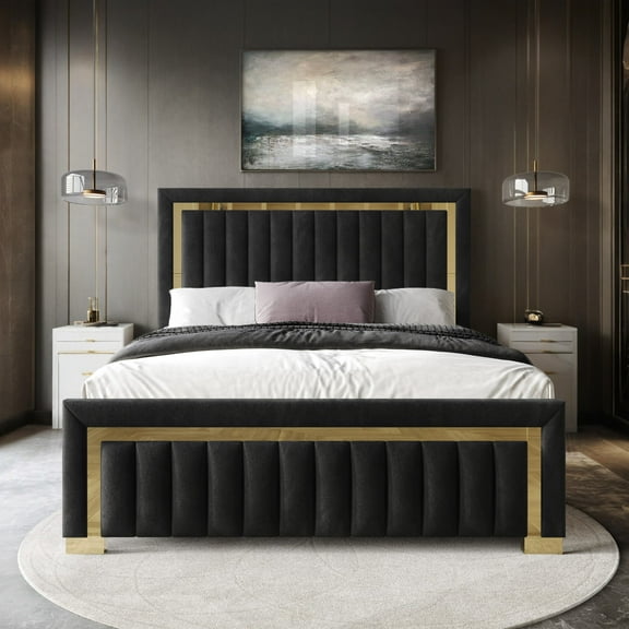 Home Design Olathe Full Upholstered Panel Bed Frame with Channel-Tufted Headboard and Gold Acrylic Strip Accents, Black, Easy Assembly
