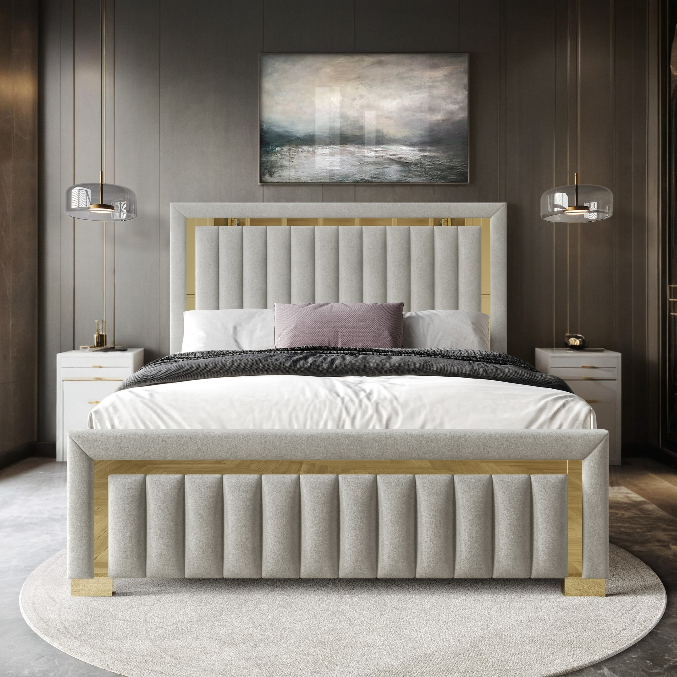 Home Design Olathe Full Upholstered Panel Bed Frame with Channel-Tufted Headboard and Gold Acrylic Strip Accents, Light Gray, Easy Assembly