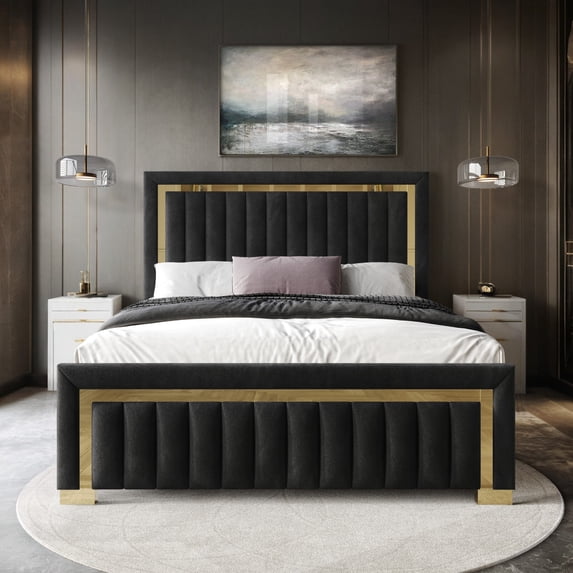 Home Design Olathe King Upholstered Panel Bed Frame with Channel-Tufted Headboard and Gold Acrylic Strip Accents, Black, Easy Assembly