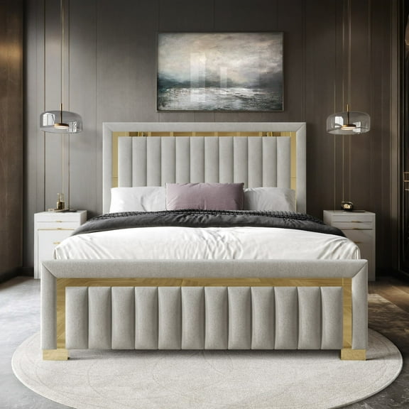 Home Design Olathe King Upholstered Panel Bed Frame with Channel-Tufted Headboard and Gold Acrylic Strip Accents, Light Gray, Easy Assembly
