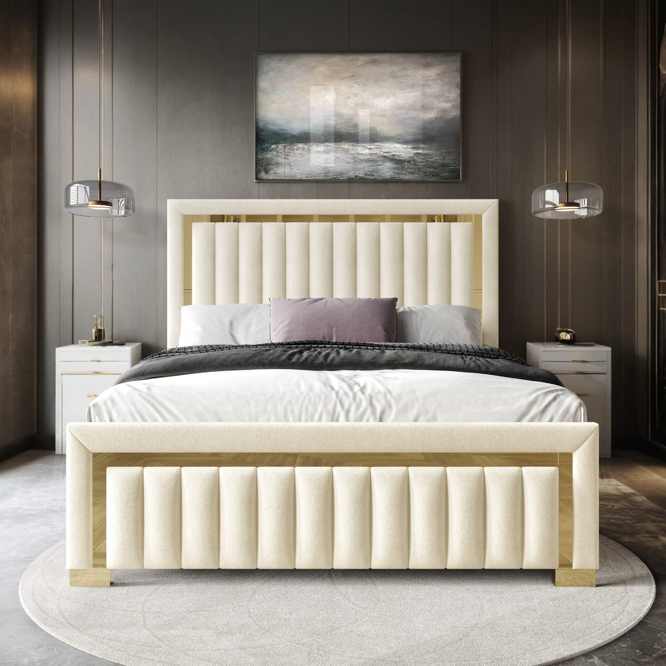 Home Design Olathe Queen Upholstered Panel Bed Frame with Channel-Tufted Headboard and Gold Acrylic Strip Accents, Beige, Easy Assembly