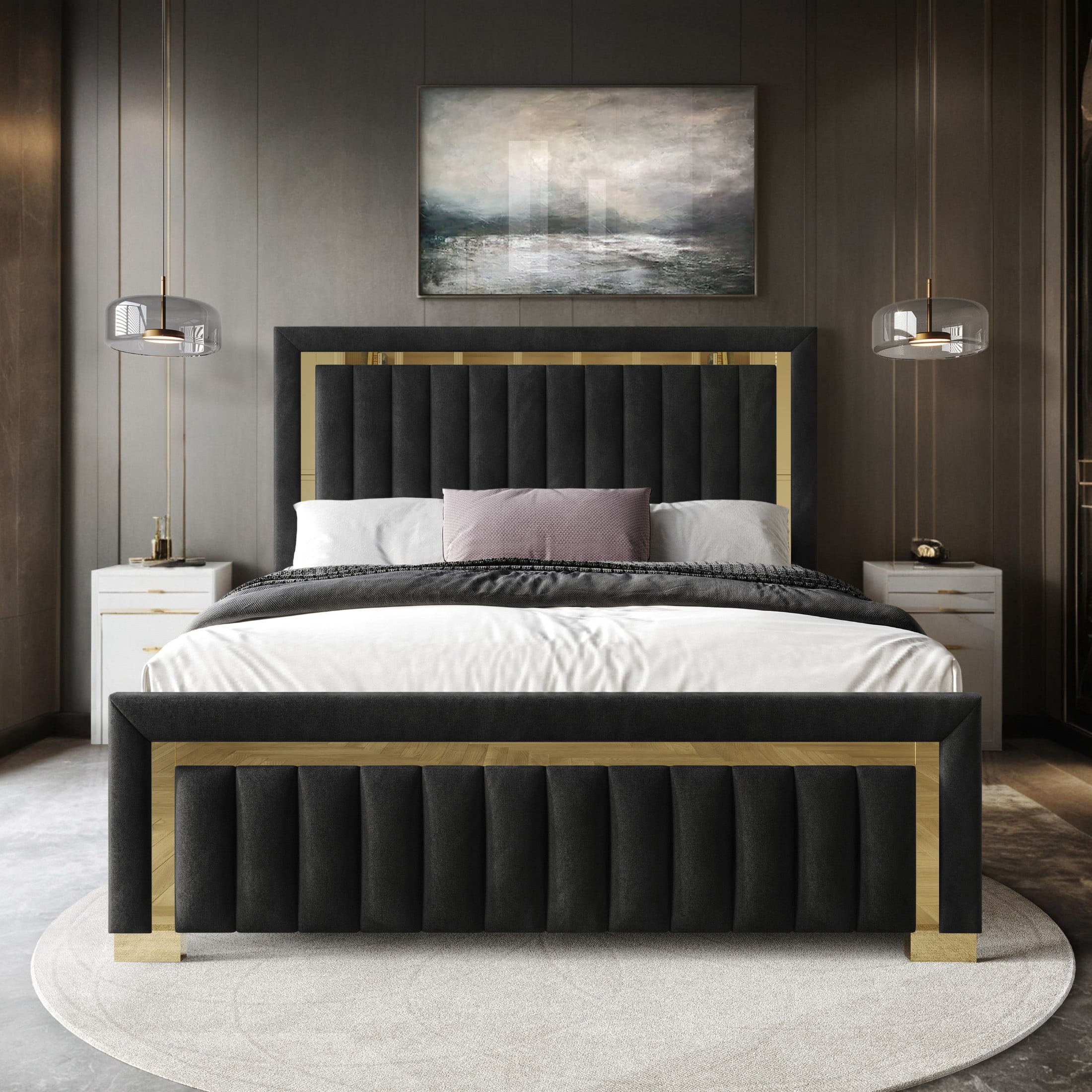 TheArth 床上手さん　くろ×しろ Home Design Olathe Queen Upholstered Panel Bed Frame with Channel