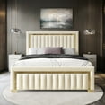 thumbnail image 1 of Home Design Olathe Twin Upholstered Panel Bed Frame with Channel-Tufted Headboard and Gold Acrylic Strip Accents, Beige, Easy Assembly, 1 of 11