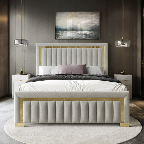 Home Design Olathe Twin Upholstered Panel Bed Frame with Channel-Tufted Headboard and Gold Acrylic Strip Accents, Light Gray, Easy Assembly