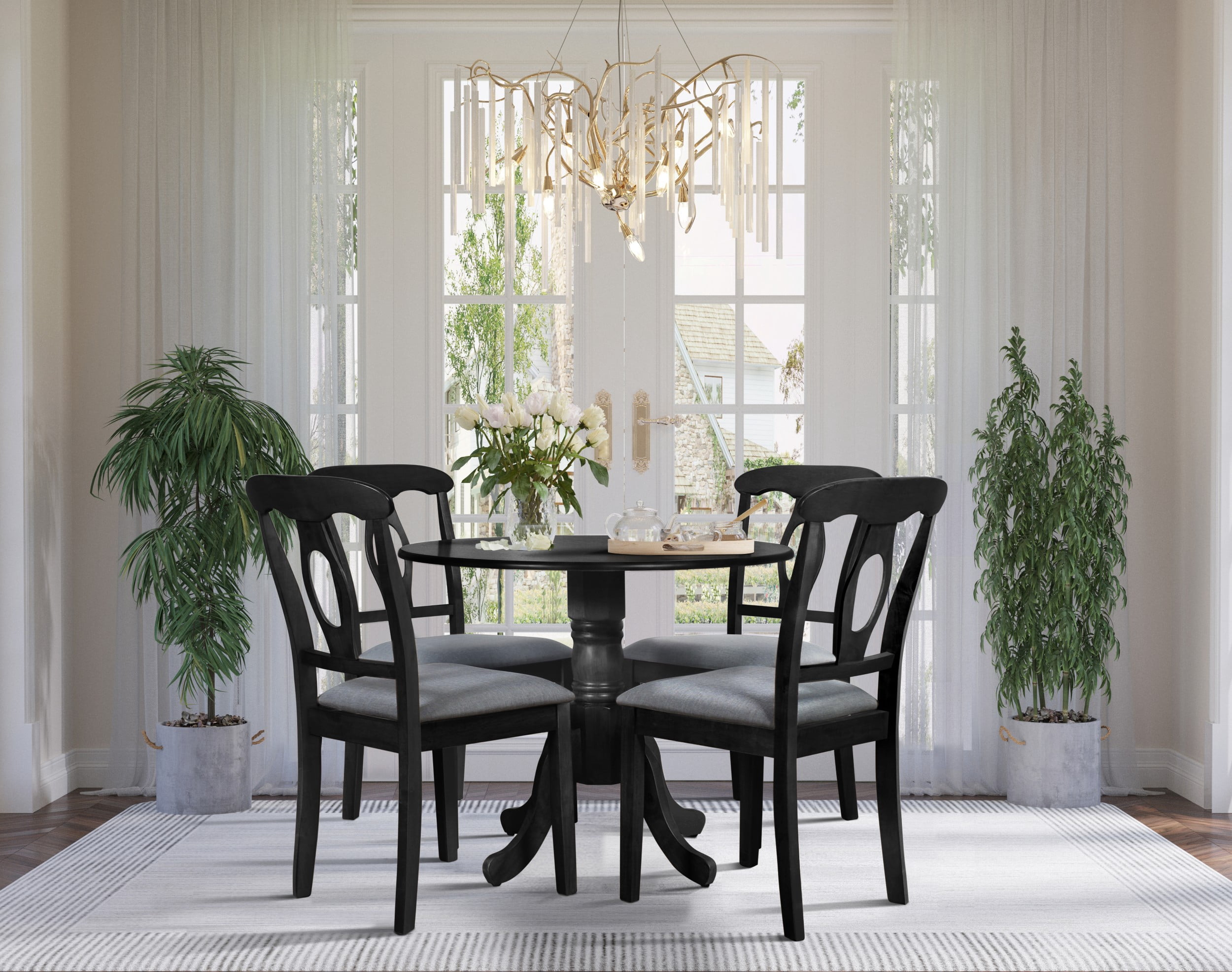 Home Design Olivia 5-Piece Dining Set, Round Table with 4 Cushioned Chairs, Mid-Century Modern Style, Black, Gray/Black
