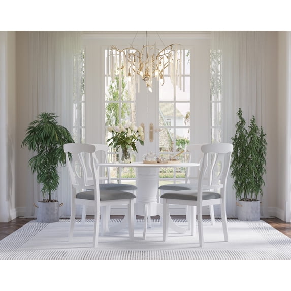 Home Design Olivia 5-Piece Dining Set, Round Table with 4 Cushioned Chairs, Mid-Century Modern Style, White, Gray/White