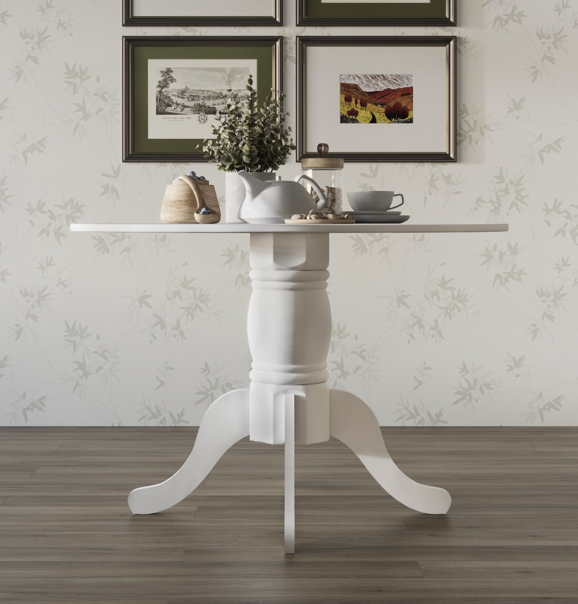 Home Design Olivia Dining Table with Round Pedestal Top, Mid-Century Modern Style, Easy Assembly, White