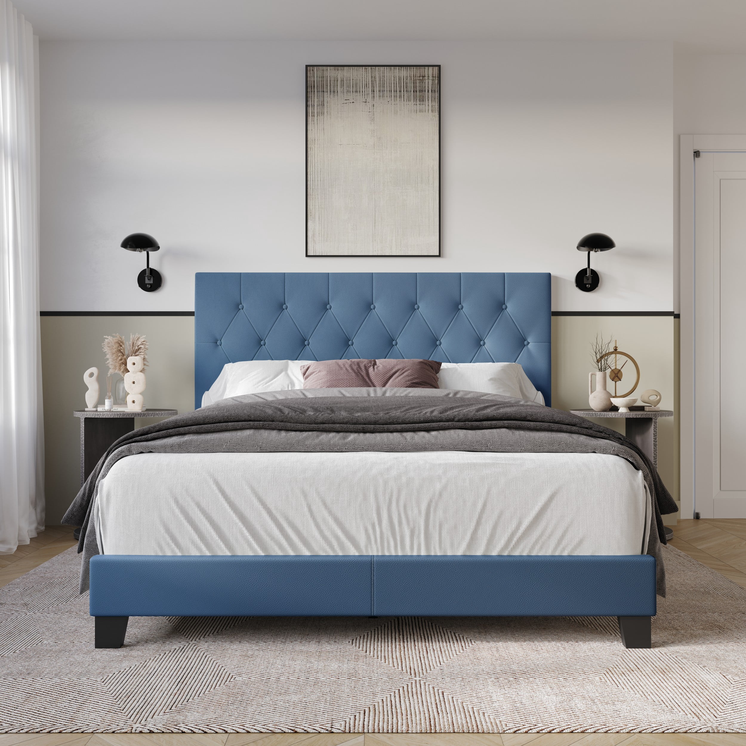 Home Design Omaha Full Tufted Upholstered Panel Bed Frame, Blue, Easy Assembly