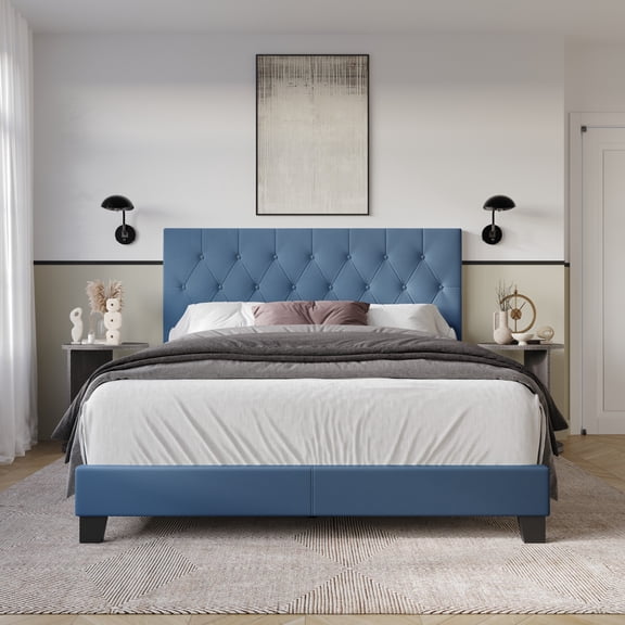 Home Design Omaha Full Tufted Upholstered Panel Bed Frame, Blue, Easy Assembly