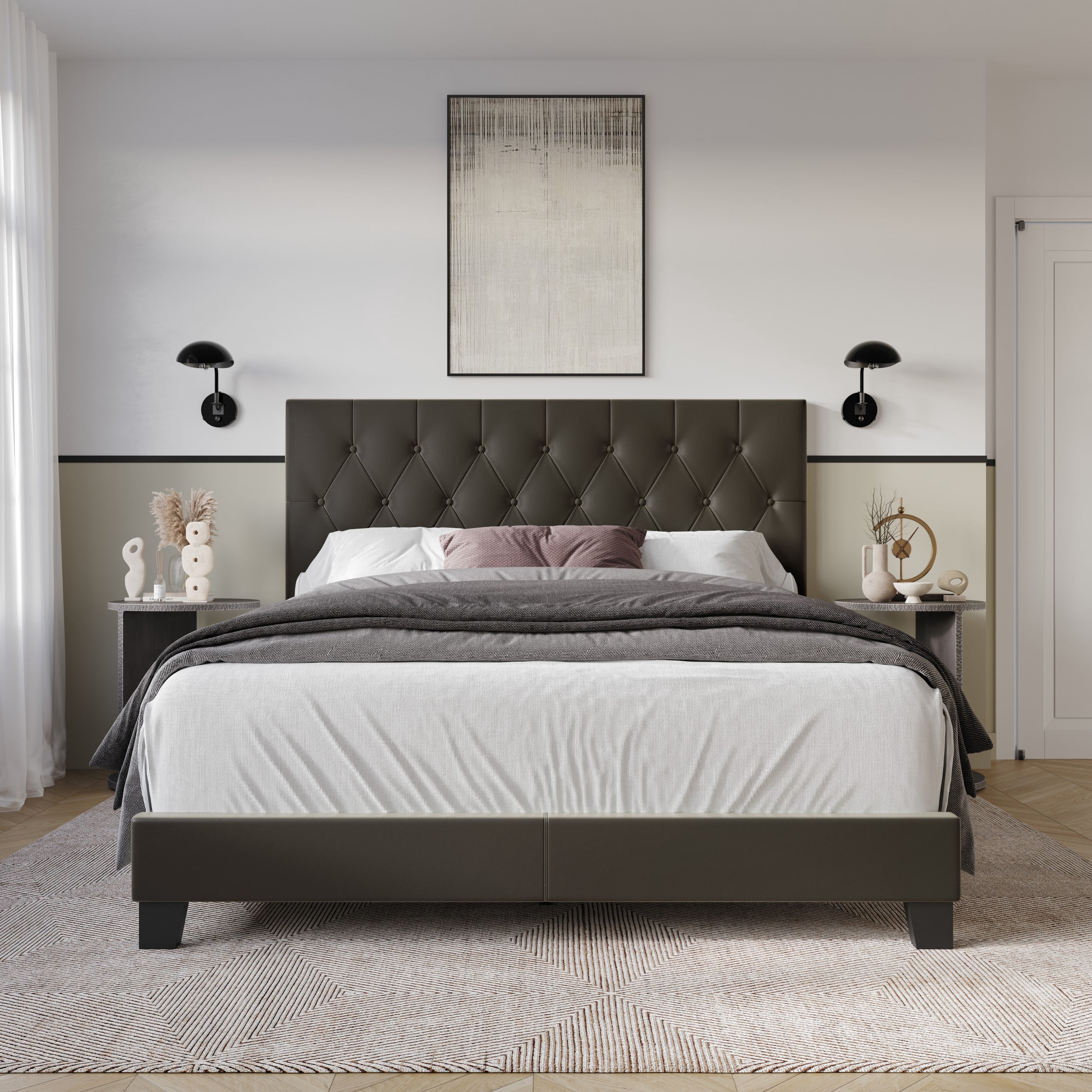 Home Design Omaha Full Tufted Upholstered Panel Bed Frame, Dark Brown, Easy Assembly