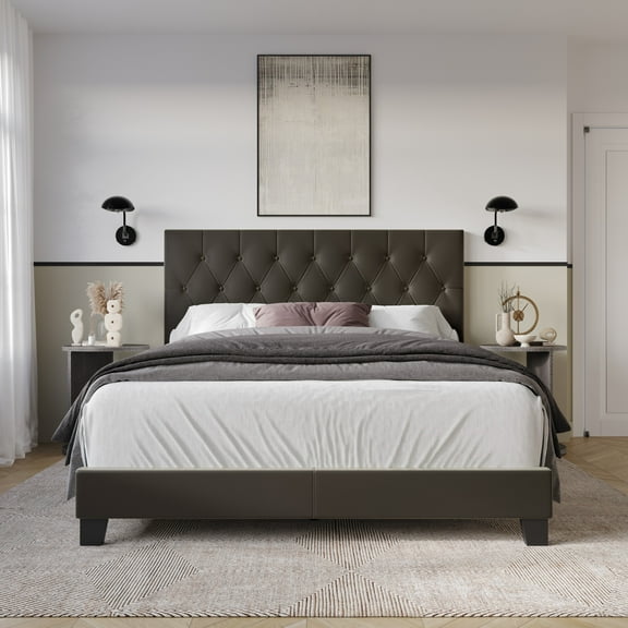 Home Design Omaha Full Tufted Upholstered Panel Bed Frame, Dark Brown, Easy Assembly