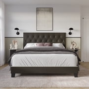 Home Design Omaha Queen Tufted Upholstered Panel Bed Frame, Dark Brown, Easy Assembly