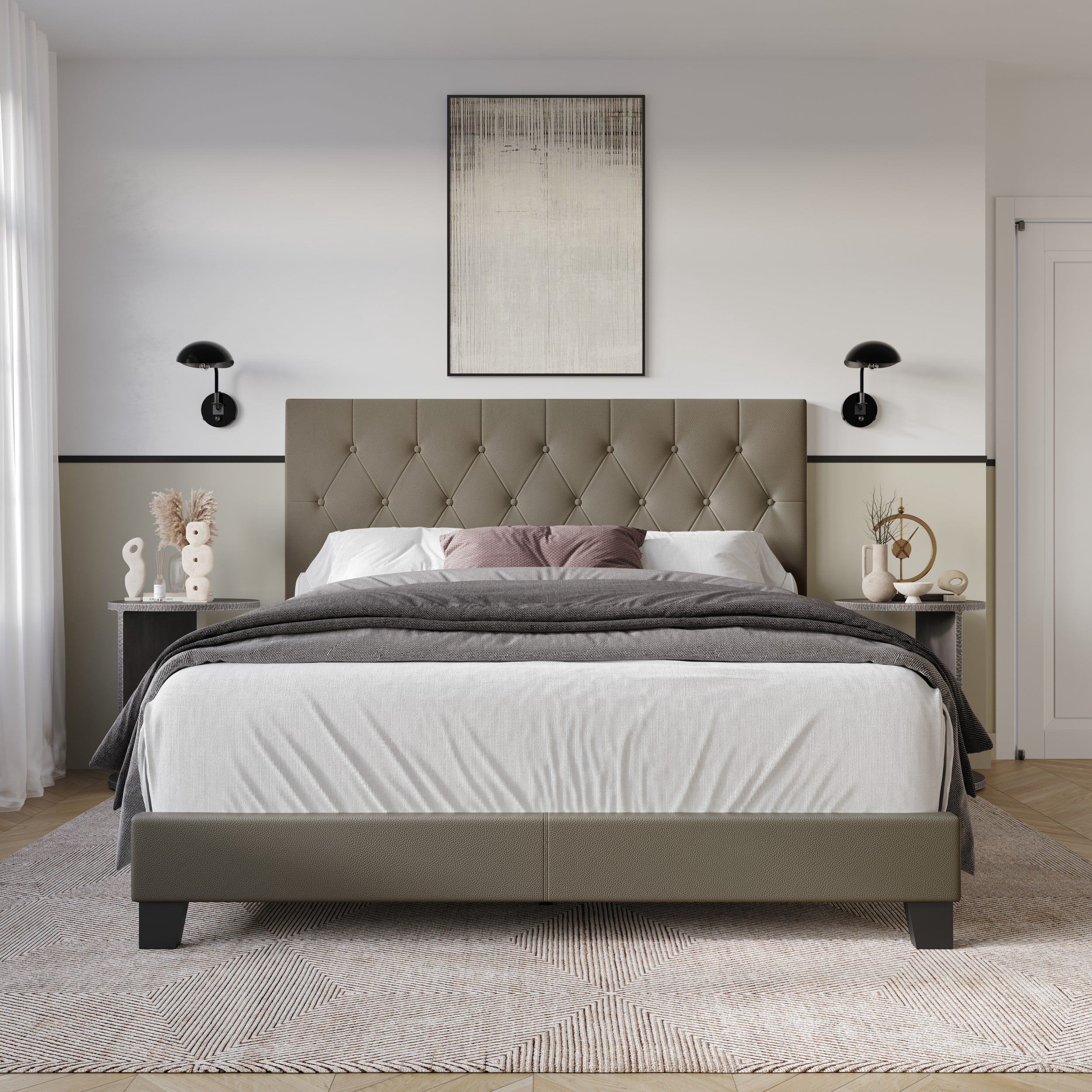 Home Design Omaha Queen Tufted Upholstered Panel Bed Frame, Gray Brown, Easy Assembly