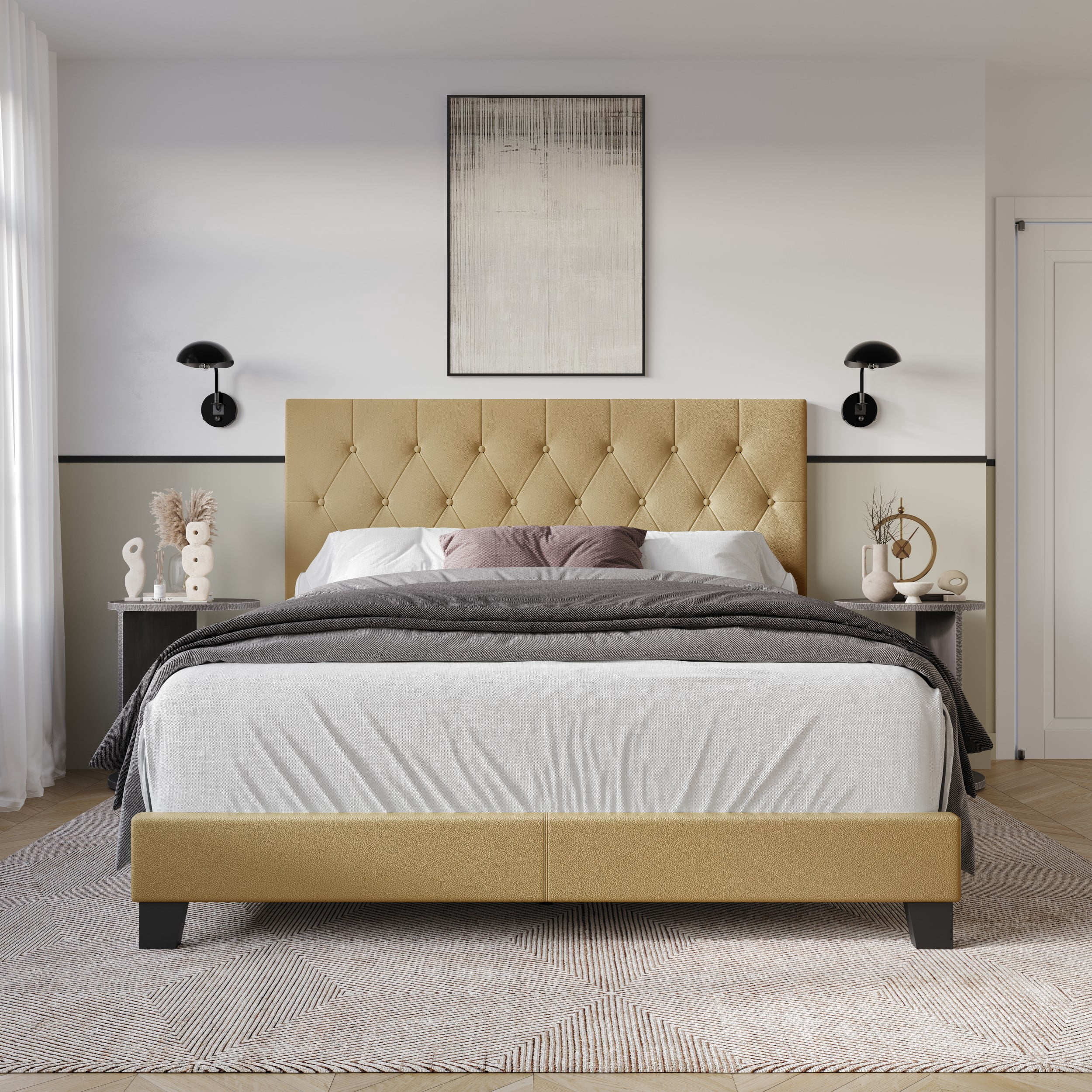 Home Design Omaha Queen Tufted Upholstered Panel Bed Frame, Light Brown, Easy Assembly