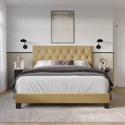Home Design Omaha Queen Tufted Upholstered Panel Bed Frame, Light Brown, Easy Assembly