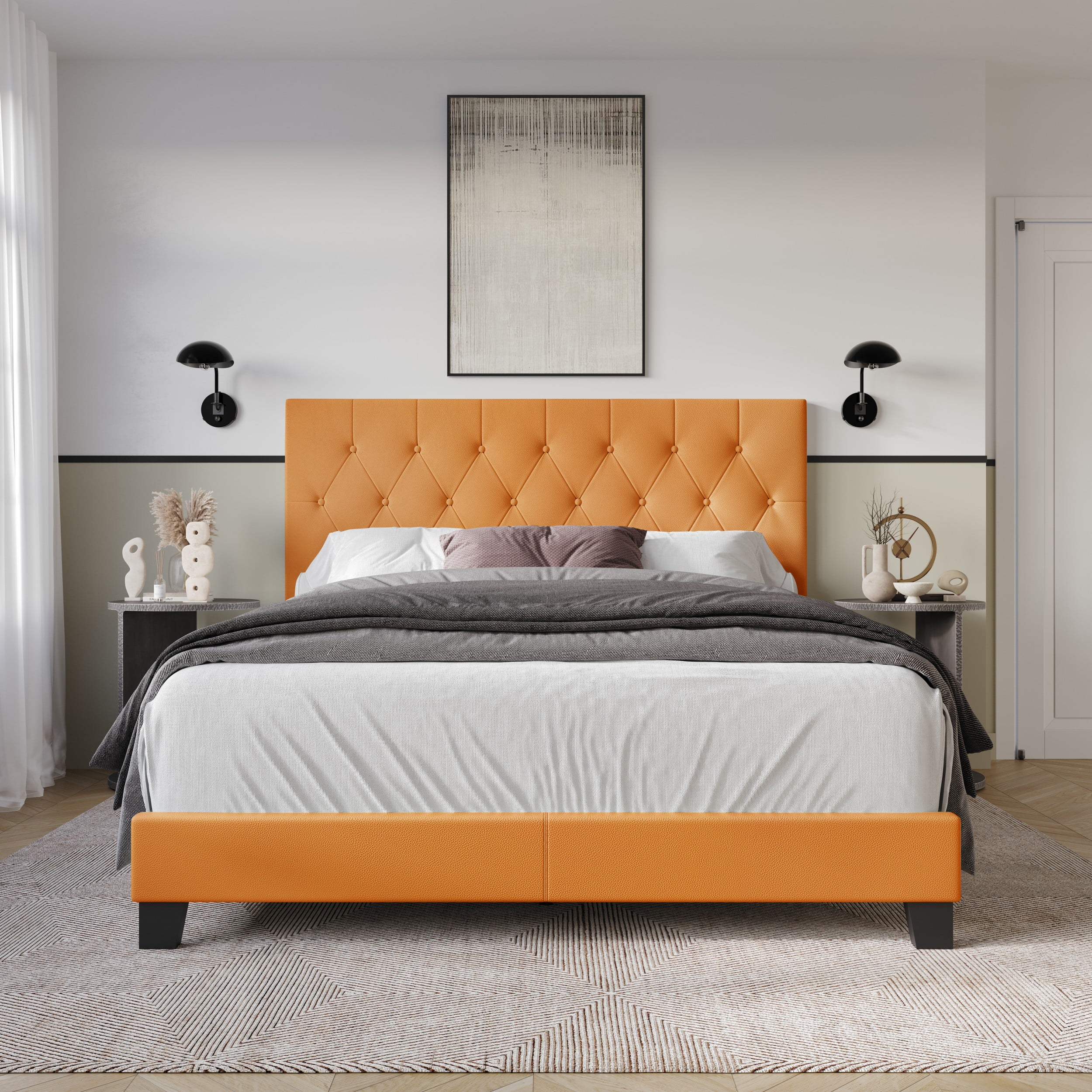 Home Design Omaha Queen Tufted Upholstered Panel Bed Frame, Orange ...
