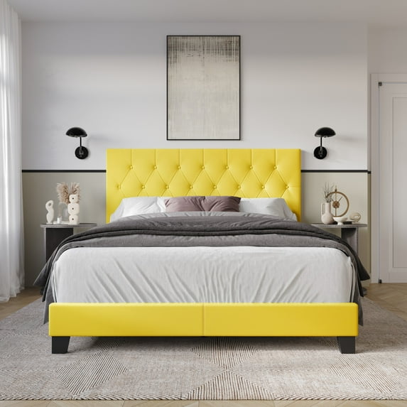 Home Design Omaha Queen Tufted Upholstered Panel Bed Frame, Yellow, Easy Assembly