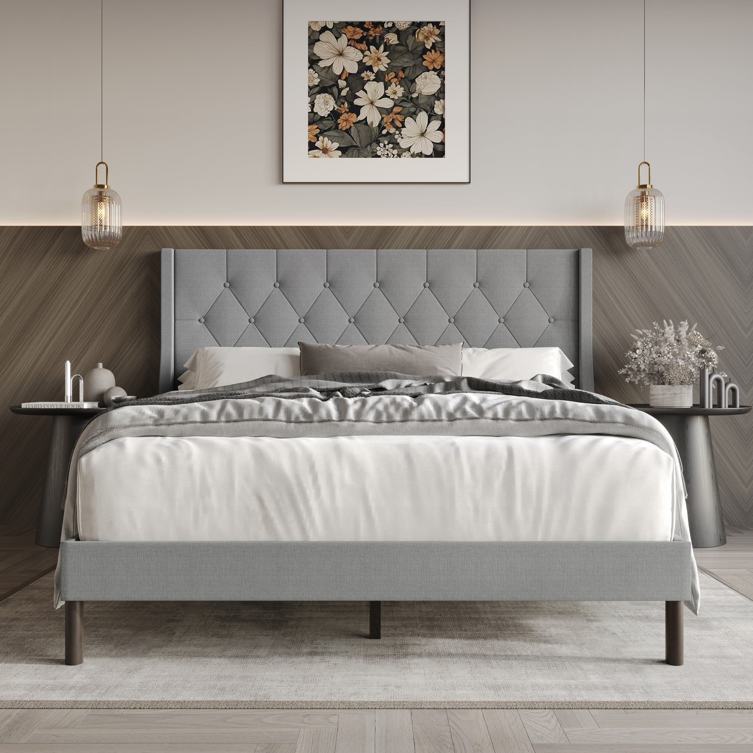 Home Design Oregon Queen Button-Tufted Upholstered Wingback Panel Bed Frame for Adult, Gray, Easy Assembly