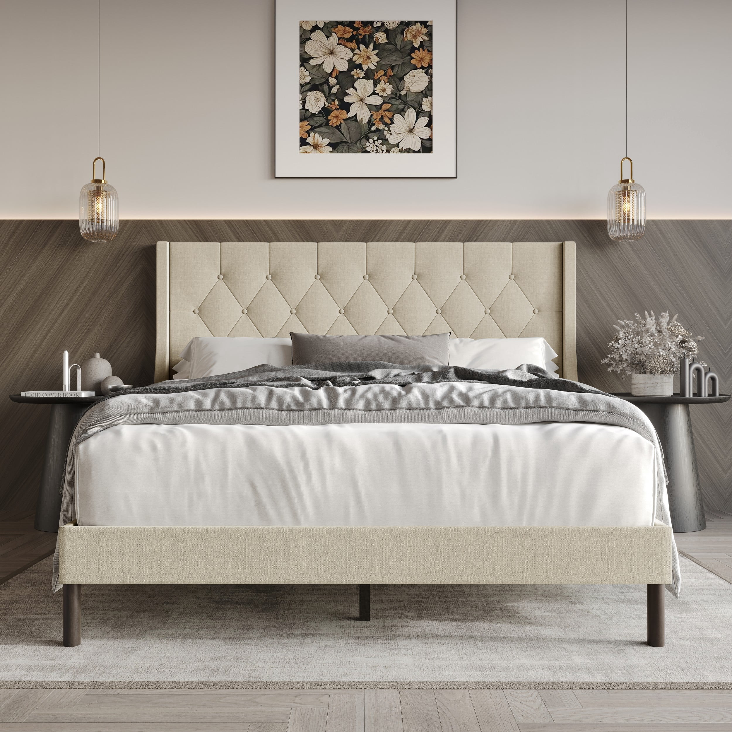Home Design Oregon Twin Button-Tufted Upholstered Wingback Panel Bed Framefor Adult, Beige, Easy Assembly
