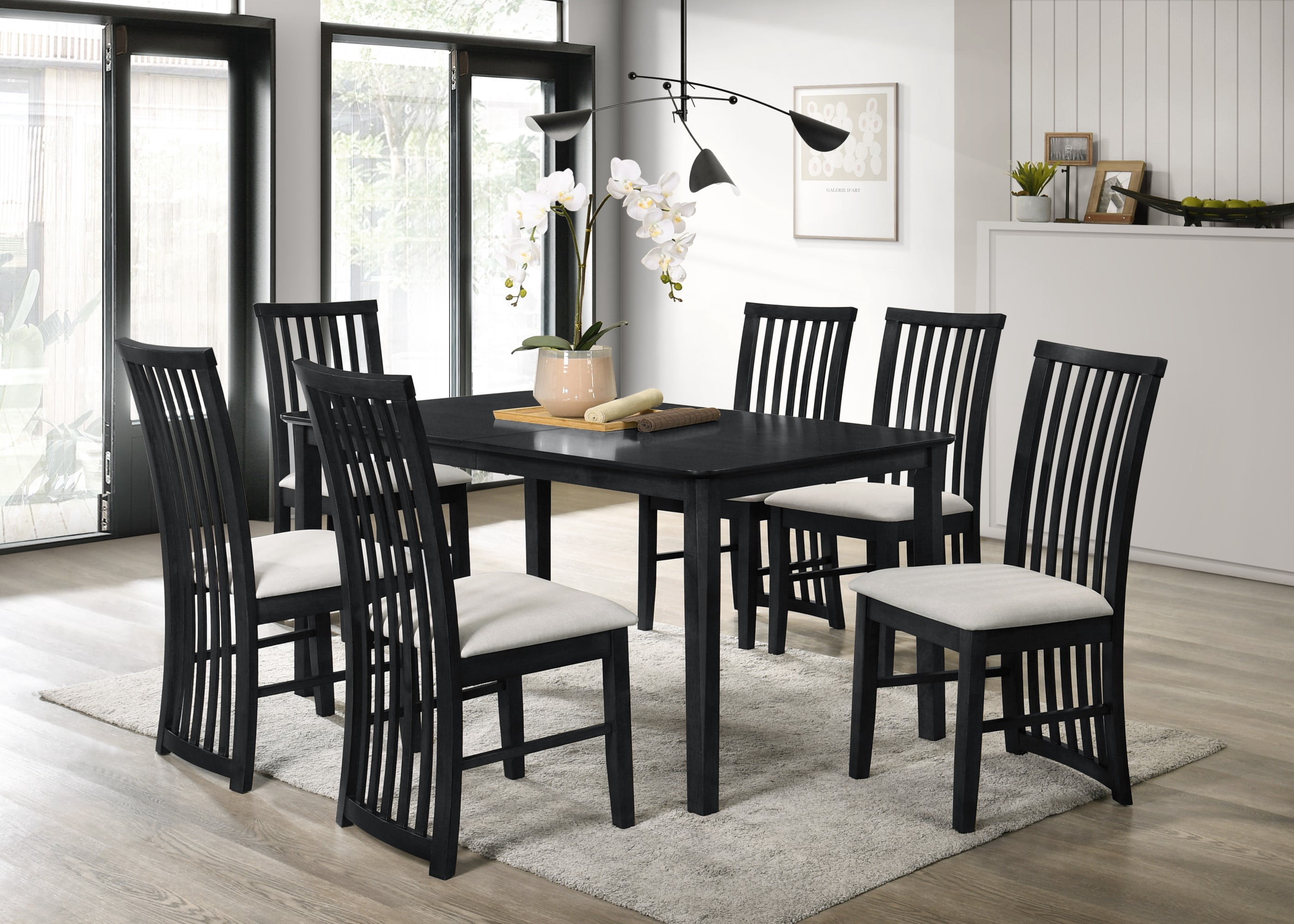 Home Design Osaka Dining Chair Set of 6, Warm Gray/Black, Slatted Back, Padded Seat, Solid Wood Frame, Modern Style