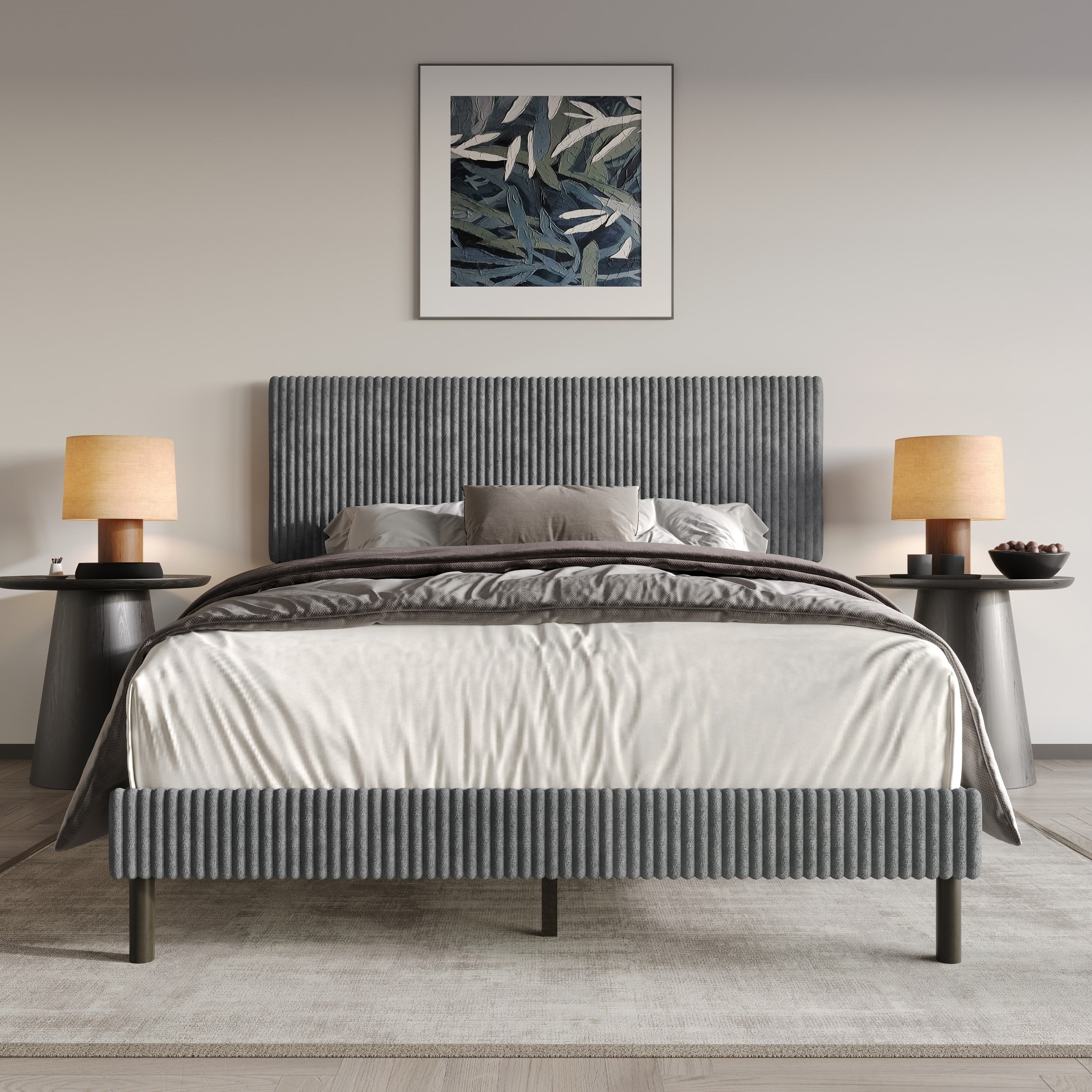 Home Design Osceola King Luxurious Corduroy Upholstered Panel Bed Frame for Adult, Gray, Easy Assembly, Box Spring Required (Sold Separately)