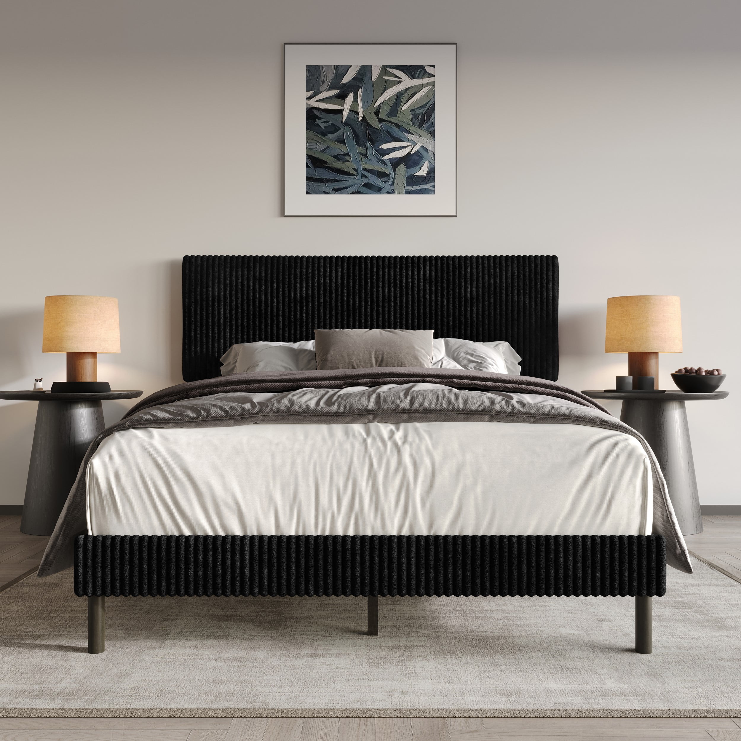 Home Design Osceola Queen Luxurious Corduroy Upholstered Panel Bed Framefor Adult, Black, Easy Assembly, Box Spring Required (Sold Separately)