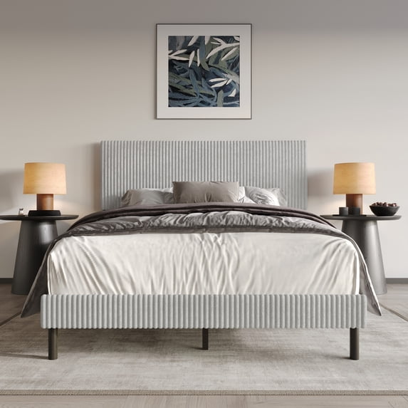 Home Design Osceola Queen Luxurious Corduroy Upholstered Panel Bed Frame for Adult, Light Gray, Easy Assembly, Box Spring Required (Sold Separately)