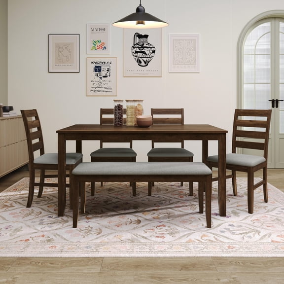Home Design Ouray 6-Piece Dining Set, Brown - Wood Grain Embossed, Rectangular Table with Split Top, Ladder Back Chairs, Upholstered Bench
