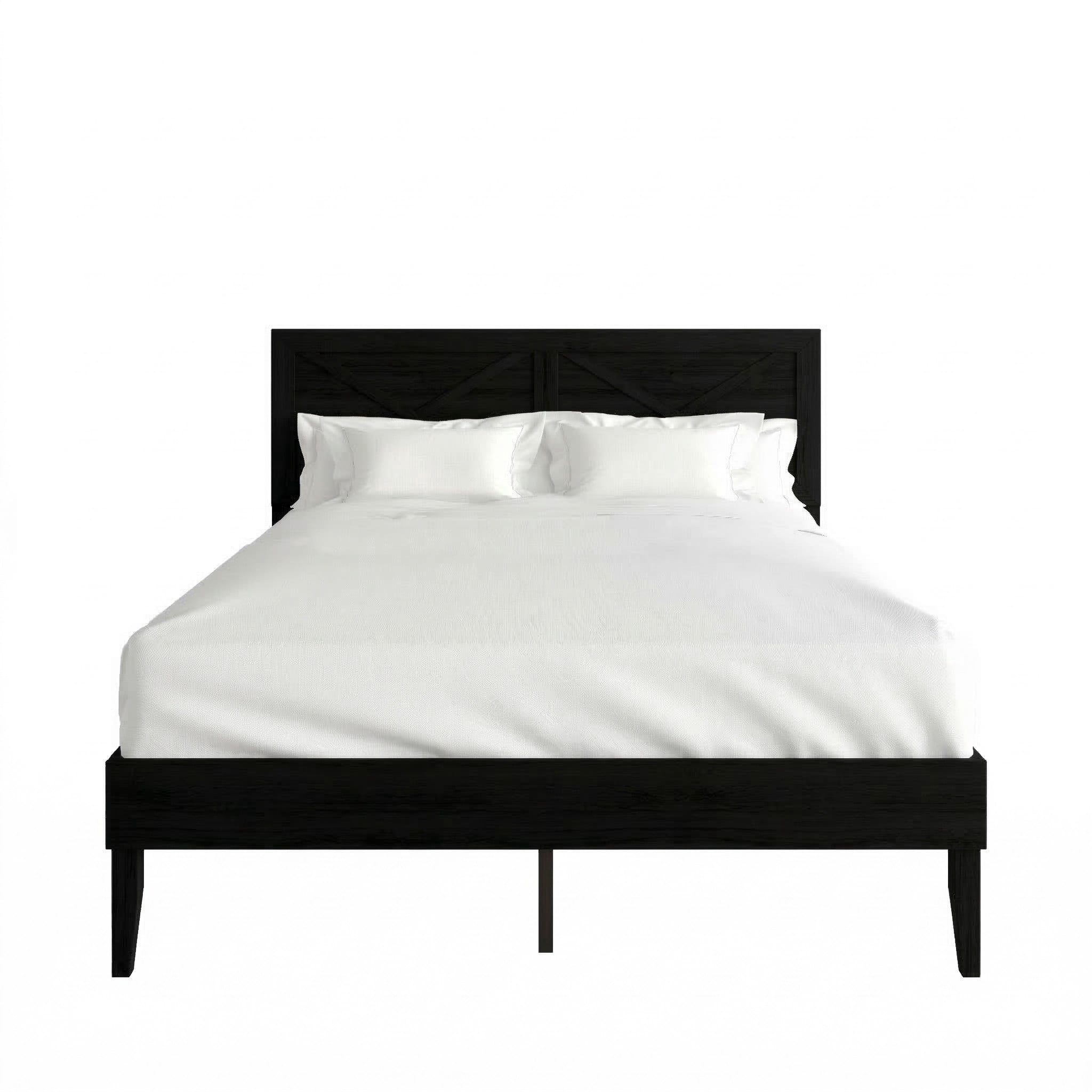 Home Design Oxnard Full Solid Wood Platform Bed Frame with X-Pattern Headboard and Full Slat Support System, Black