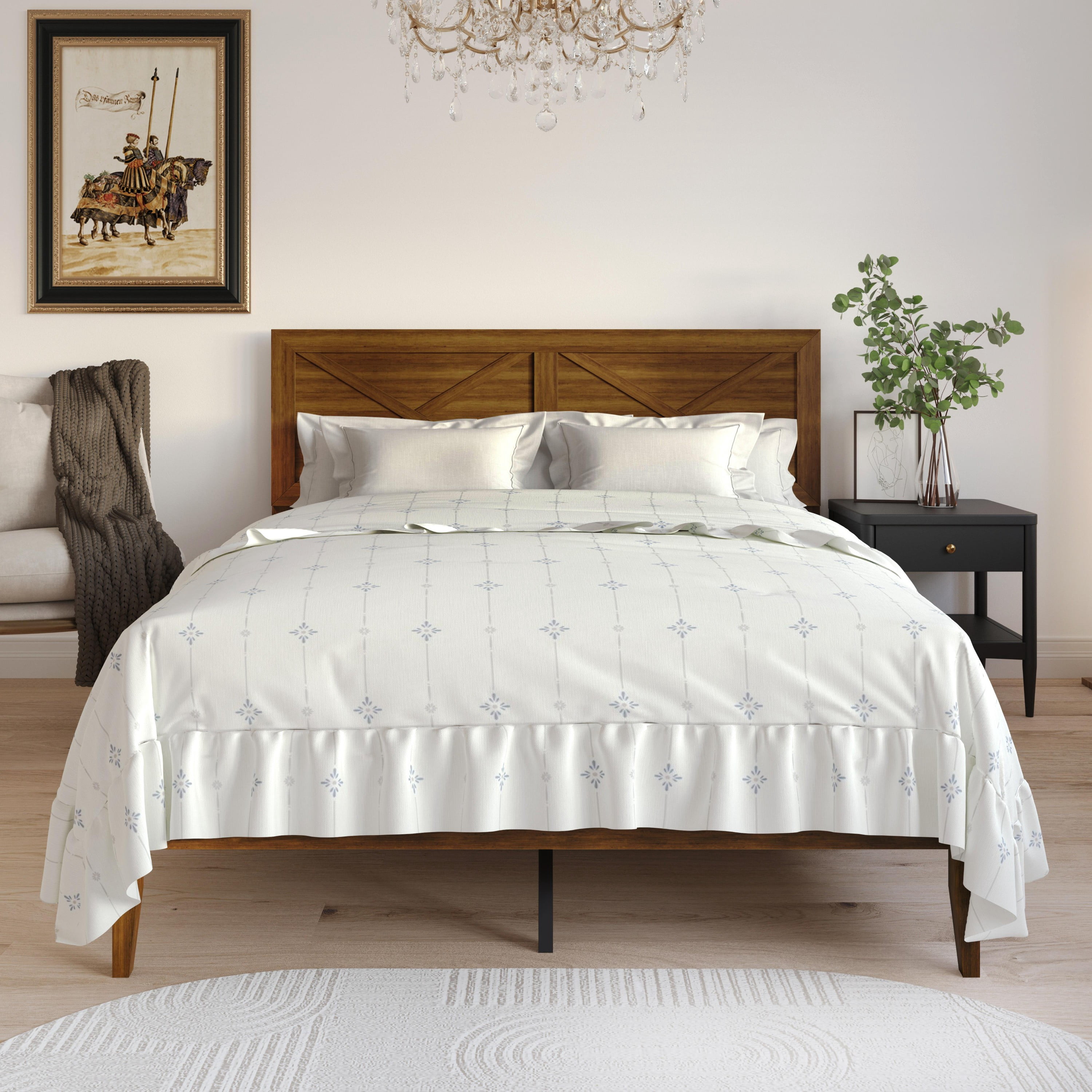 Home Design Oxnard Queen Solid Wood Platform Bed Frame with X-Pattern Headboard and Full Slat Support System, Brown