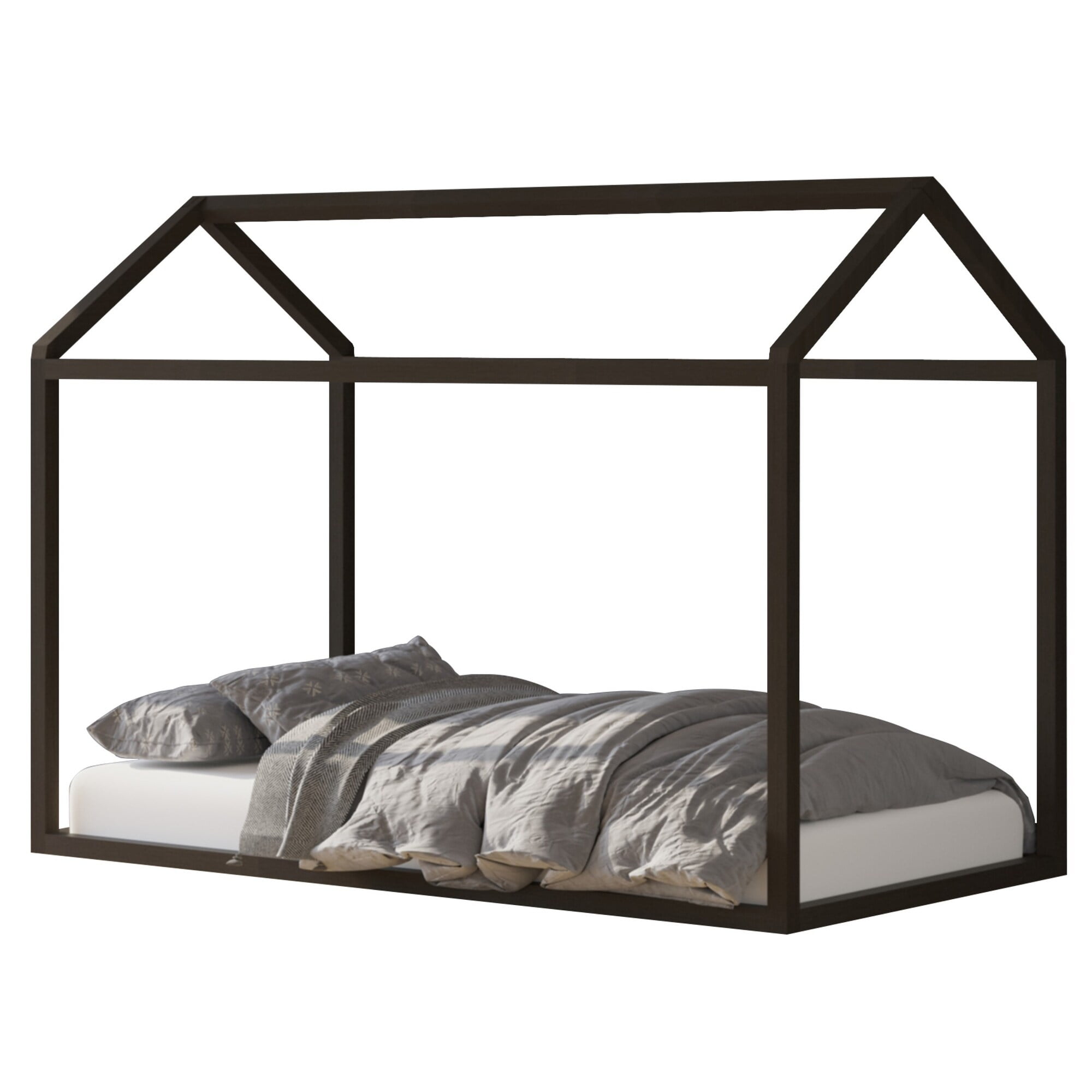 Home Design Perry Twin Solid Wood Canopy Bed Frame with House-Shaped Design and Sturdy Construction, Taupe, Easy Assembly