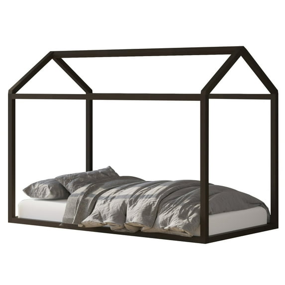 Home Design Perry Twin Solid Wood Canopy Bed Frame with House-Shaped Design and Sturdy Construction, Taupe, Easy Assembly