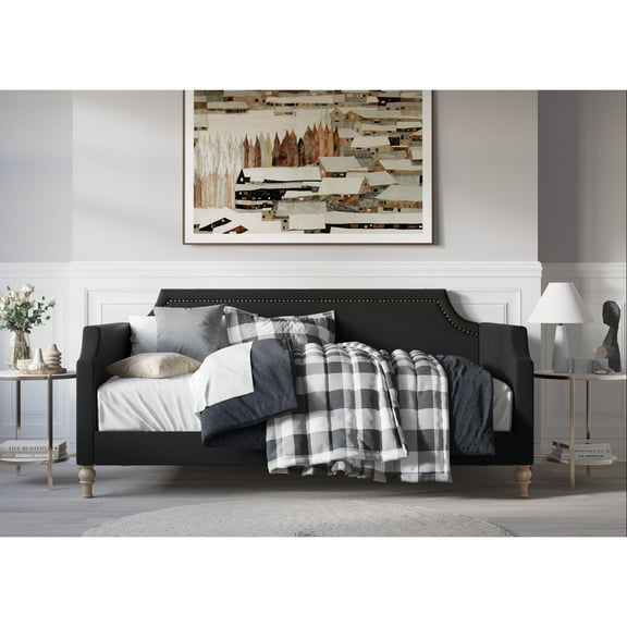 Home Design Pita Upholstered Twin Daybed with Nailhead Trim and Scooped Silhouette, Black – Adult Living Room, Guest Room, or Bedroom, Easy Assembly