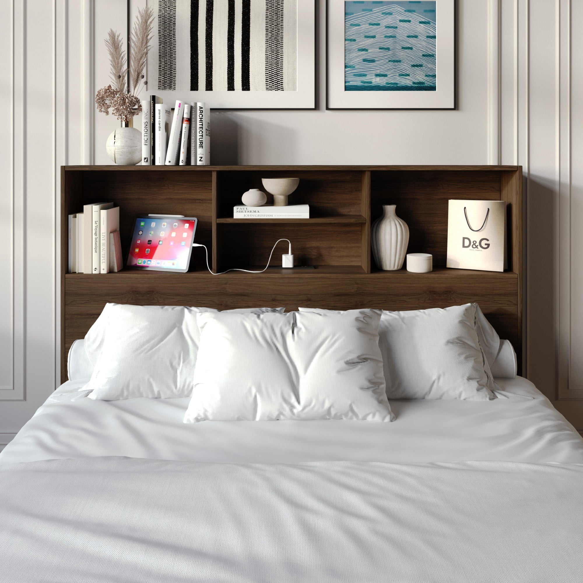 Home Design Pomona Full Freestanding Bookcase Headboard with Storage Shelves & Built-In Power Outlet, Brown