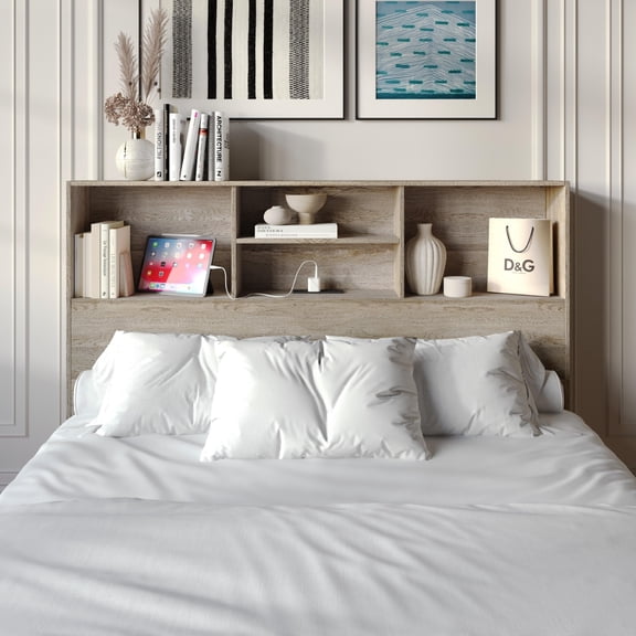 Home Design Pomona Queen Freestanding Bookcase Headboard with Storage Shelves & Built-In Power Outlet, Antique Gray